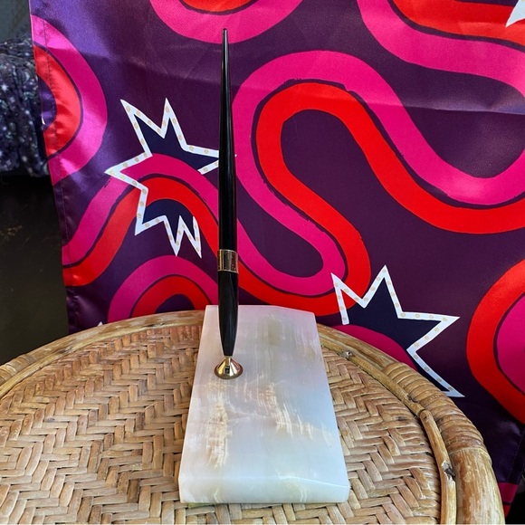 Vintage Sheafer Fountain Desk Pen Marble Alabaster Stand 14K Gold Nib Base Black - Picture 5 of 10